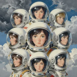 painting of a girl with astronaut helmets in the style of cowboy bebop, calm, fantasy character portrait, dynamic pose, above view, sunny day, thunder clouds in the sky, artwork by jeremy lipkin and giuseppe dangelico pino and michael garmash and rob rey and greg manchess and huang guangjian and makoto shinkai, very coherent asymmetrical artwork, sharp edges, perfect face, simple form, 1 0 0 mm
