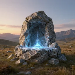 A beautiful hyper realistic detailed matte painting of the old rock magic altar of ice in a montane grassland landscape at sunrise, by John Howe and Andreas Rocha and Martin Johnson Heade and Albert Bierstadt, unreal engine, trending on artstation, barometric projection, rectilinear