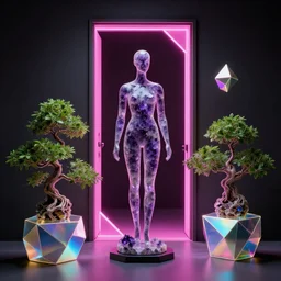 beautiful mannequin sculpted out of amethyst by billelis + lit with geometric neon + iridescent geometric cubed bonsai plants!!!!, kintsugi, facing a doorway opening with neon pink geometric light, clean linework, dramatic, finely detailed, rule of thirds, moody, award winning, 4 k, trending on artstation, photorealistic, volumetric lighting, octane render