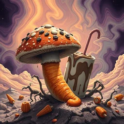 mushroom carrot chocolate milkshake by _ beeple, artgerm, _ aaron _ horkey _ amanda _ sage _ bauhaus, salvador dali, _ bernie _ wrightson _ bruce pennington _ frank _ stella _ anne _ stokes _ alena _ aenami _ angus _ mckie, alex grey, akira toriyama, arthur adams, hp lovecraft, andre masson, brian despain. abstract, artstation, design 4 k, native, hd,