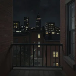 muted color ultra realistic painting of a balcony view of 1 9 2 5 boston downtown at night in dr strange's mirror dimension, dark, brooding, night, atmospheric, horror, cosmic, ultra - realistic, smooth, highly detailed in the style of clyde caldwell