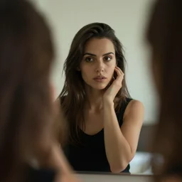 a cinematicp hoto, a woman in the mirror, ultra realistic, canon, 3 5 mm, bokeh, coherent