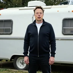 full distant shot of bald elon musk in a tracksuit in trailer park boys