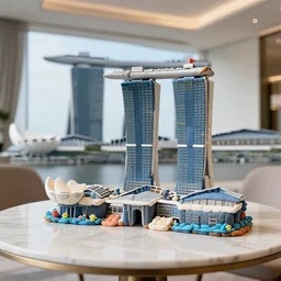 the iconic marina bay sands building made out of playdough. the piece is standing on a marble table at a fancy apartment
