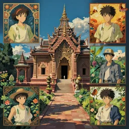 beautiful ancient temple in a formal garden. by edmund dulac and nicholas roerich and maxfield parrish. ornate carvings, geometric decorations. rich color. dramatic cinematic lighting. extremely clear and detailed. cell shaded. dynamic composition, featured on artstation. studio ghibli, sylvain sarrailh, high contrast