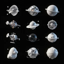 list with concepts of various unusual space constructions and engineered selection bodies on a black solid background