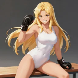 An athletic tall blonde woman with a winning and radiant smile, long blonde hair, wearing a simple white swimsuit and leather fighting gloves. Sitting on a bench pose. Fighting shonen anime, digital painting by WLOP