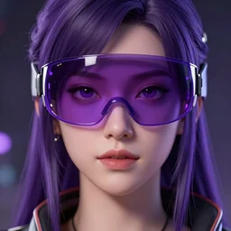 Close up portrait of a young Asian Cyberpunk woman with dark purple hair wearing a purple visor, hyperdetailed, artstation, cgsociety, 8k