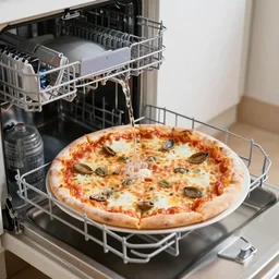 Washing a whole pizza in the dishwasher, photo highly-detailed award-winning 4K