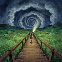walking on an old wood bridge, nightly, spiral, naive nerikomi, weird perspective, extra narrow, detailed illustration, lit by flashlight, scenic spiral environment by rhads from lorax movie, trending artstation, true color, fisheye, grass field mountainous terrain, spiral clouds
