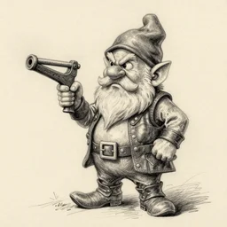poorly drawn pencil sketch of a gnome dressed in leather holding a slingshot and with a determined look.