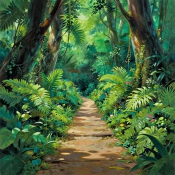 deep jungle walkway panorama, gouache painting illustration, inspired by disney, by ghibli, by anime, by makoto shinkai, sharp, gouache painting masterpiece, highly detailed, as gouache painting trending on artstation -