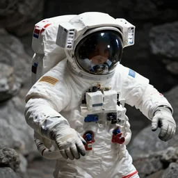 close up of astronaut, Surrounded by rocks