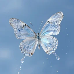 beautiful delicate watery flowing splashing crystal butterfly photo, blue watery background, small drops splash