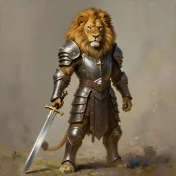 portrait of a regal lion humanoid, leonin!!, large beautiful mane, wearing armor, holding a longsword, angry, full body, realistic, kodachrome, dungeons and dragons, painting, digital art