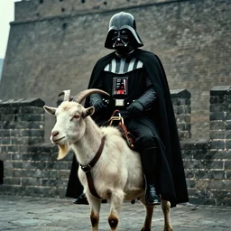 a film portrait still of darth vader rides a mountain goat on the chinese wall, gritty cyberpunk atmosphere. realism, cinematic lighting, beautiful gothic fantasy photorealistic, 4 k. 8 mm. grainy. panavision.