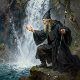 attractive male wizard casting time magic, stopping water from a waterfall. highly detailed painting by gaston bussiere, craig mullins, j. c. leyendecker 8 k