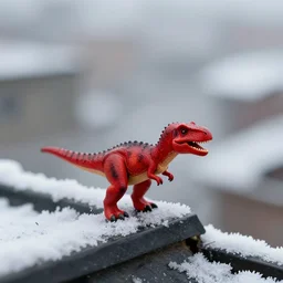award winning photo by saul leiter of a tiny red dinosaur standing on the roof, tiny gaussian blur, insanely detailed, insanely intricate, depth of field, low contrast, snowy, wide aperture