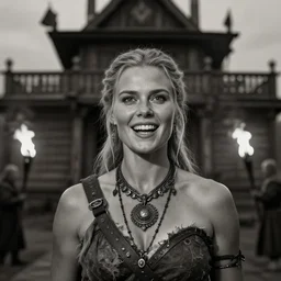 photo of the viking female warrior in front of the wooden palace, femine attractive symmetrical face, big eyes and lips, clean face and body skin, brutal joyful face expression, wears ornamental jewelry and partially ripped clothes, torches alit in the background, depth of field, lens flare, moody lighting, moody photography, old photo, black and white, sepia, cinematic lighting, cinematic angle, editorial photography