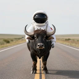 buffalo standing in the middle of the road in south dakota wearing an astronaut helmet and a jetpack