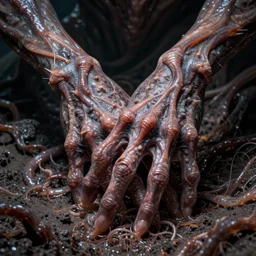 ultra - detailed epic analog photo of varicose mucus - covered slimy pulsating alien hands with long fingers by wayne d barlowe