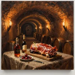 painting by vladimir volegov, wine cellar, food, pork, schnapps, torches on the wall, atmospheric