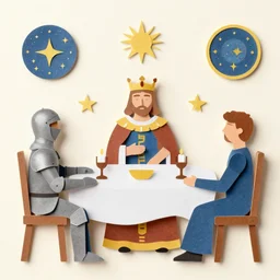 figures wearing celestial symbolism. knights around a king's table. flat cozy paper style