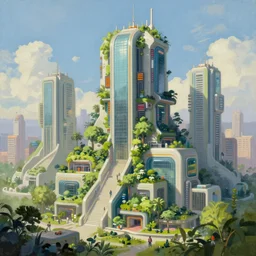 beautiful highly detailed painting of a futuresynth, solarpunk, cyberpunk city building, clear focus, beautiful lighting, soft painting, greenery, futuristic, by james gilleard and goro fujita