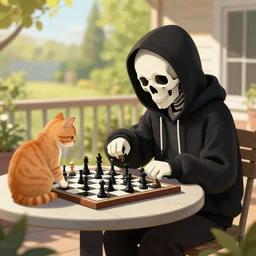 death in a black hoodie plays chess with a ginger cat at a table on a sunny veranda, artstation