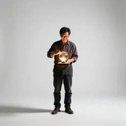jovial glassblower at work, studio photography, full body, standing, isolated on a pure white background, centered, whole figure in frame, sharp focus, studio lighting