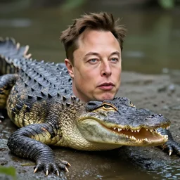 an alligator with elon musk's head, high res photograph,