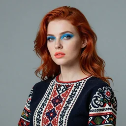 Woman model appearance, in the colors of Russian folk art, red hair, coral lips blue shadow, style Edward Hopper
