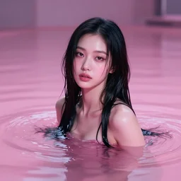 lee jin - eun emerging from pink water in cyberpunk theme by yoann lossel, rule of thirds, seductive look, beautiful