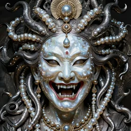 hyperrealism, detailed textures, award winning autochrome photo, symetrical japanese pearl old screaming medusa queen autochrome pearl portrait, pearl silverplate, intricate, detailed facial pearl scary animal mask, pearl, golden jewelery, silverplate, ultra realistic, cinematic, intricate, cinematic light by steve mccurry, unreal engine 8 k