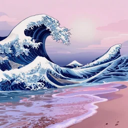 blue purple and pink colored ocean waves rolling into the beach that look like the great wave off Kanagawa, high resolution, 8k