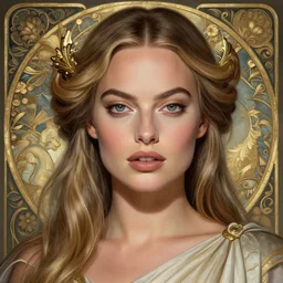 Margot Robbie as a Greek Goddess, cute, fantasy, intricate, elegant, highly detailed, ultra realistic, defined eyes, digital painting, 4k, HDR, concept art, smooth, sharp focus, illustration, art by Artgerm, H R Giger and Alphonse Mucha