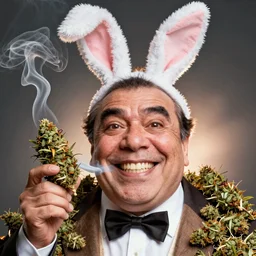 hyper realistic, zoomed out portrait of a mega derpy danny devito, big chungus, with bunny ears, smoking massive amounts of weed, big smile, chunk teeth, by greg rutkowski, scott m fischer, artgerm, loish, slight glow, atmospheric, anne stokes, alexandros pyromallis, 4 k, 8 k