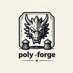 high quality logo of a medieval stone blacksmith forge shaped like a dragon head looking at viewer, for a company called poly - forge, rectangular!!!!!!, symmetrical!!!, award winning, art deco!!!!!!