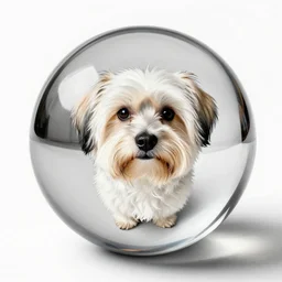 self - portrait of one havanese dog reflected in a chrome sphere, ultra wide 1 0 mm, by m c escher pen and paper