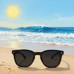a painting of a beautiful beach with a big, blue wave visible in the distance that people are surfing on. the sun is visible in the sky and has a face with sunglasses.