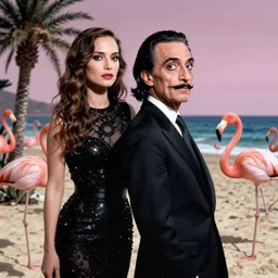A surreal comic noir illustration containing Natalie Portman and Flamingos on a desert beach oasis by Salvador Dali, dark vibes, high contrast, pastel lighting, cinematic, depth of field, 8k