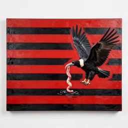 canvas coated with red paint, black stripes, bird flying out of water, vulture, carrying intestines in mouth, matte paint, alberto seveso
