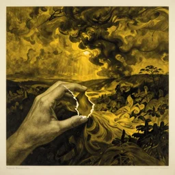 A photograph. A rip in spacetime. Did this device in her hand open a portal to another dimension or reality?! dark yellow, lithograph by Isaac Levitan, by Paula Rego flowing, ominous