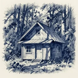 cabin in the woods, blue ballpoint pen sketch
