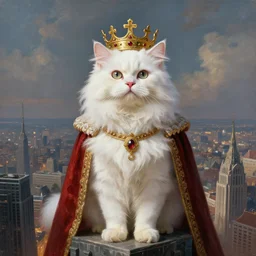 a fantasy portrait painting of an anthropomorphic white persian!!!! cat dressed, as a renaissance king with crown! in head, standing on a skyscraper overlooking a vast city, centered, cinematic, beautiful lighting, dramatic