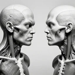 1 9 2 0 s black and white photo of body worlds busts looking at each other angry, facial anatomy, close up