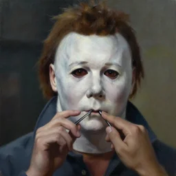 painting of Michael Myers dabbing, sharp focus, trending on ArtStation, masterpiece, by Greg Rutkowski, by Ross Tran, by Fenghua Zhong, octane, soft render, oil on canvas, moody lighting, cinematic, professional environment concept art
