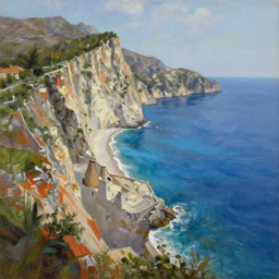 villane base of James Bond, coastal perched on a cliff overlooking a magnificient bay, concept art oil painting by Jama Jurabaev, extremely detailed, brush hard, artstation