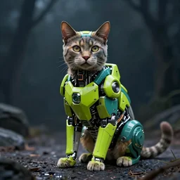 moody atmospheric render of a cyborg cat with a chartreuse and teal color scheme by leon tukker
