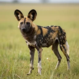 an african wild dog on the african plains, long grass, sparkling water, glistening, hyper realistic, hyper detailed, digital art, trending in artstation, cinematic lighting, studio quality, smooth render, unreal engine rendered, octane rendered, art style by and wlop and krenz cushart and paul lehr